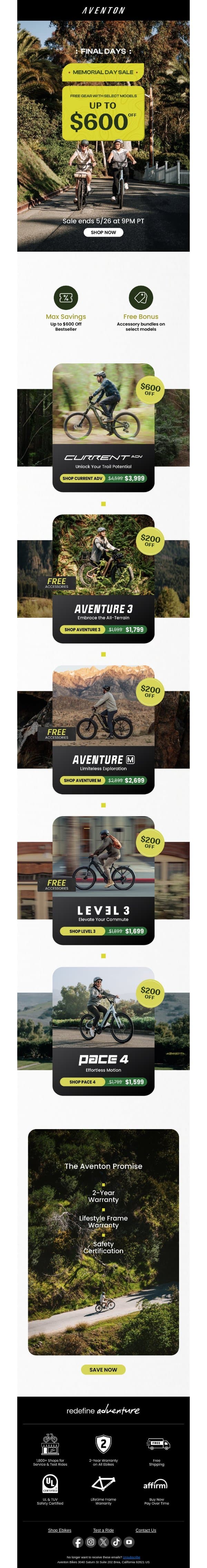 ⏳ LAST CHANCE: Up to $600 Off + FREE Accessories ends May 26! email from Aventon screenshot