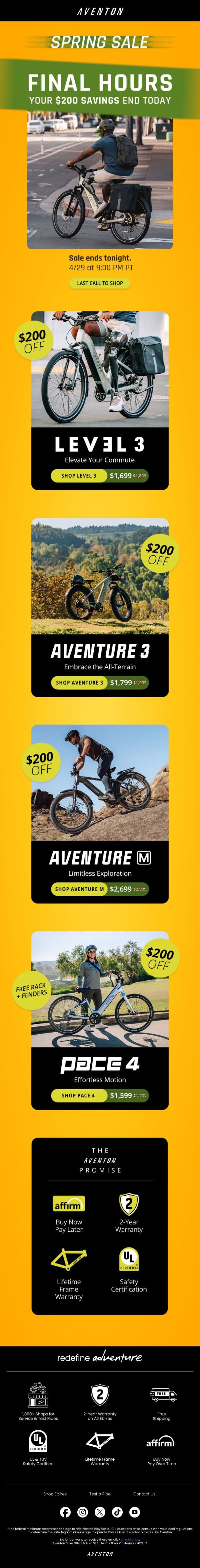 Last Call For Spring Savings! $200 Off Goes Away Tonight! email from Aventon screenshot