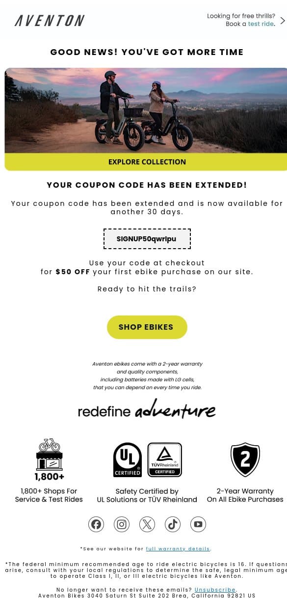 Good news! Your coupon code is still valid🤑 email from Aventon screenshot