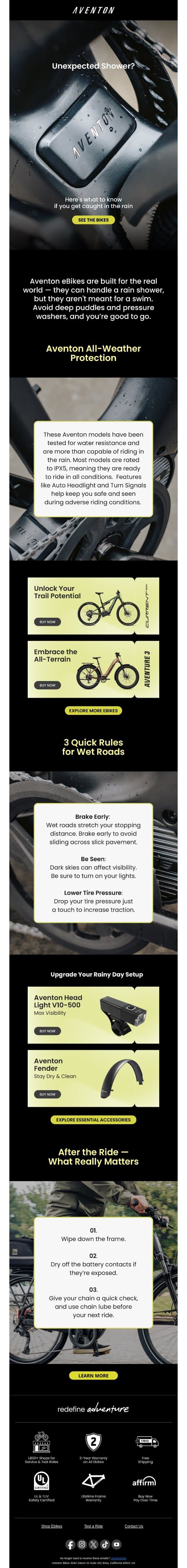 Can you ride an eBike in the rain? 🌧️ email from Aventon screenshot