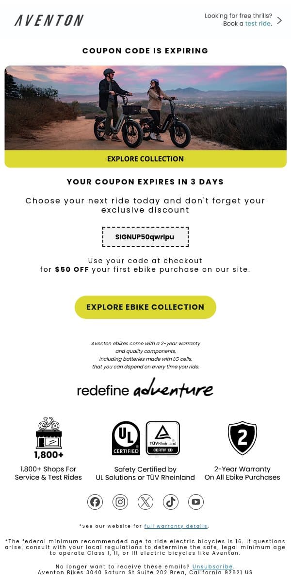Your ebike is waiting... coupon code expires in 3 days 😜 email from Aventon screenshot