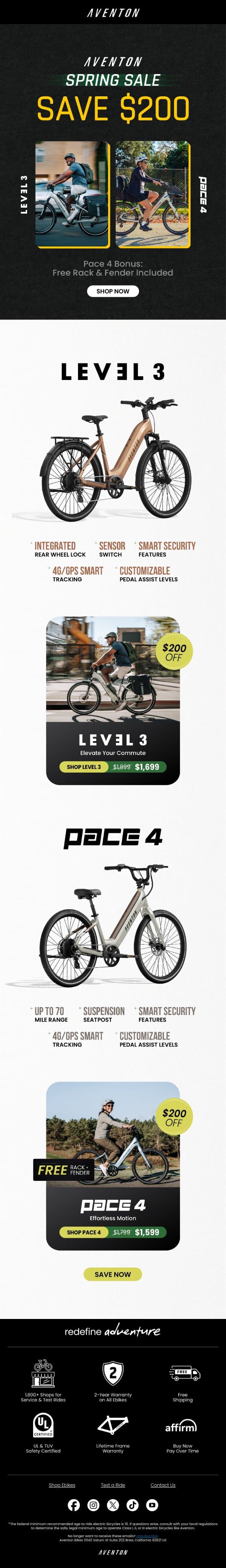 ⚡️ $200 OFF Level 3 & Pace 4 email from Aventon screenshot
