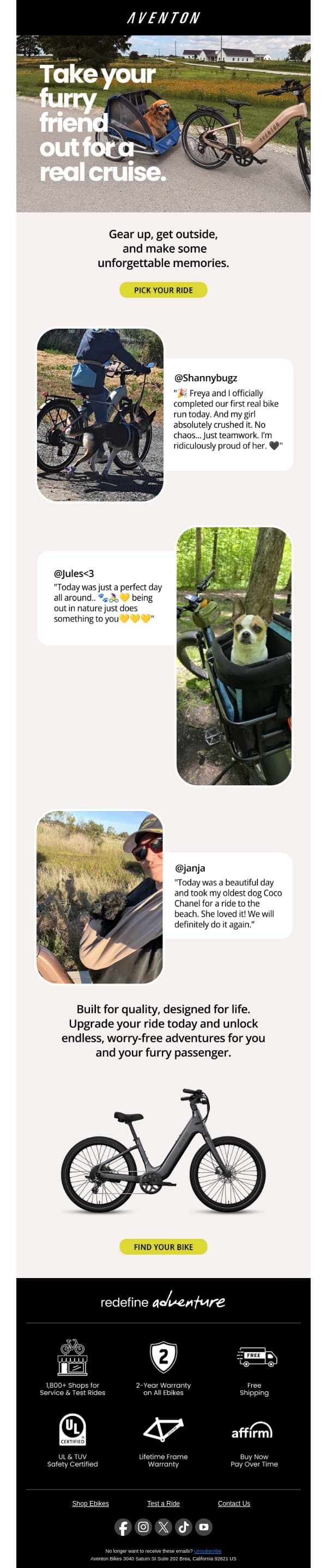 Pet-Friendly Pedal Assist email from Aventon screenshot
