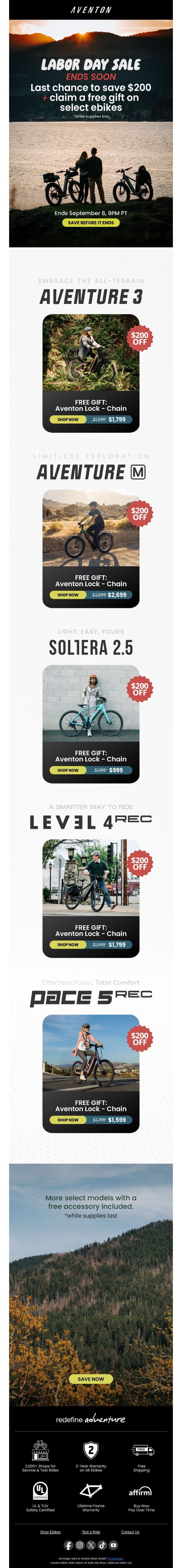 Last Chance for $200 off + FREE Gift 🚴‍♂️ email from Aventon screenshot