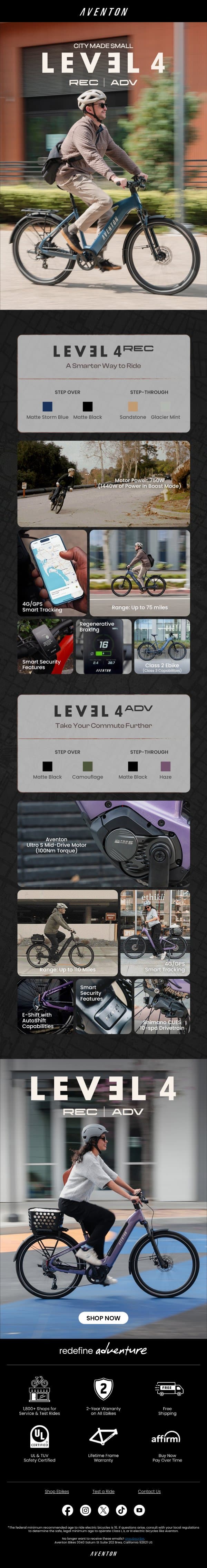 Two New Levels - Level 4 ADV and REC are here! email from Aventon screenshot
