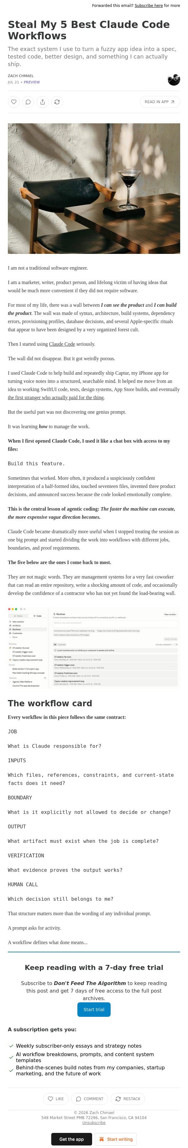 Steal My 5 Best Claude Code Workflows email from Averi screenshot