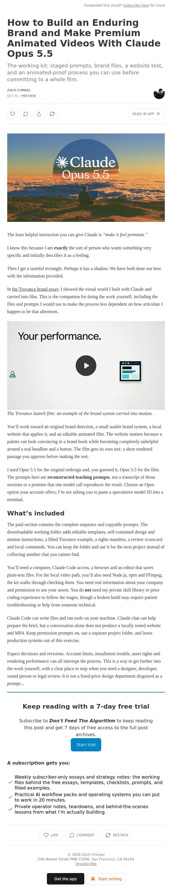 How to Build an Enduring Brand and Make Premium Animated Videos With Claude Opus 5.5 email from Averi screenshot