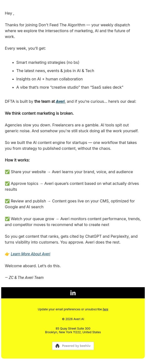 👋 Welcome to Don’t Feed The Algorithm email from Averi screenshot