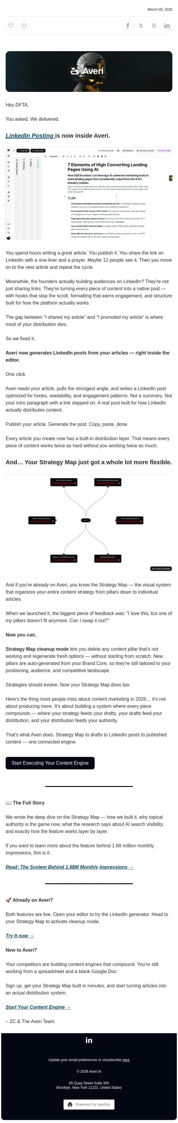 Article → LinkedIn post → engagement. One button. email from Averi screenshot
