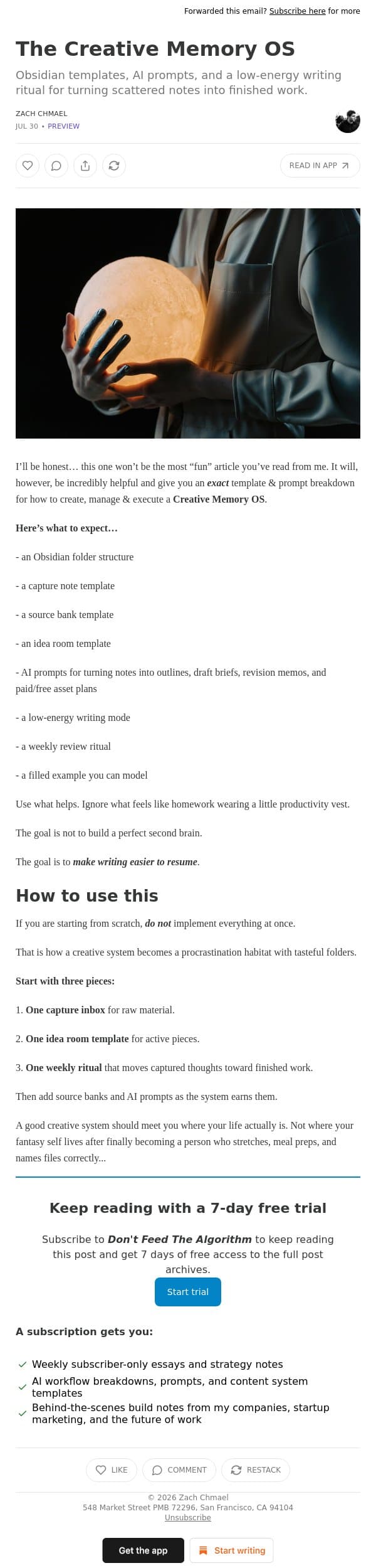 The Creative Memory OS email from Averi screenshot