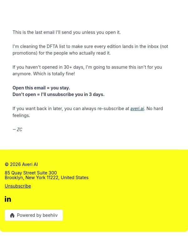Last edition unless you open this email from Averi screenshot