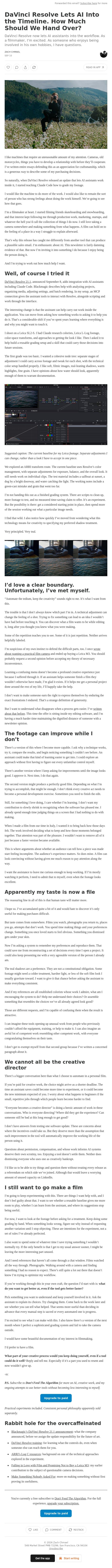 DaVinci Resolve Lets AI Into the Timeline. How Much Should We Hand Over? email from Averi screenshot