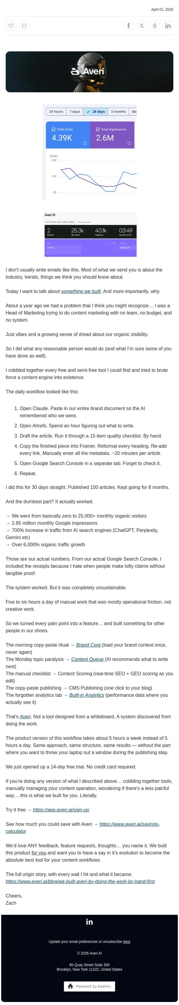 How to go from 0 to 25,000 monthly organic visitors email from Averi screenshot