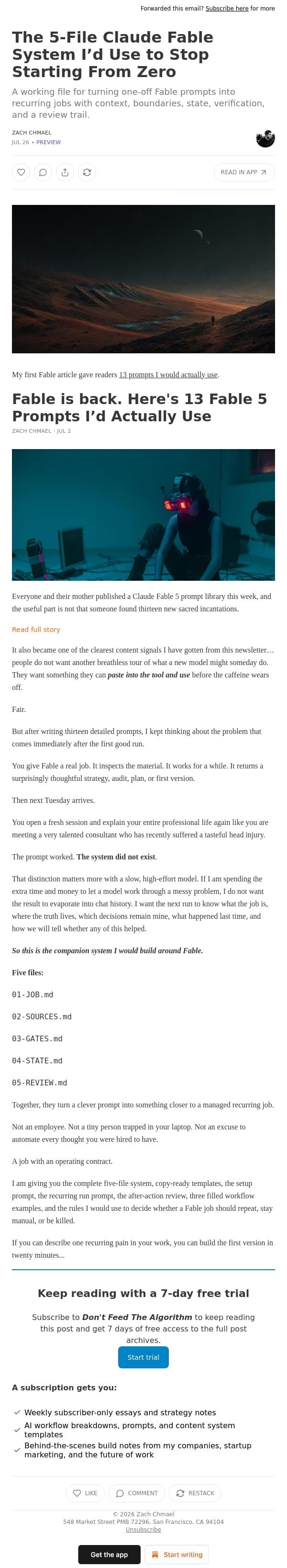 The 5-File Claude Fable System I’d Use to Stop Starting From Zero email from Averi screenshot