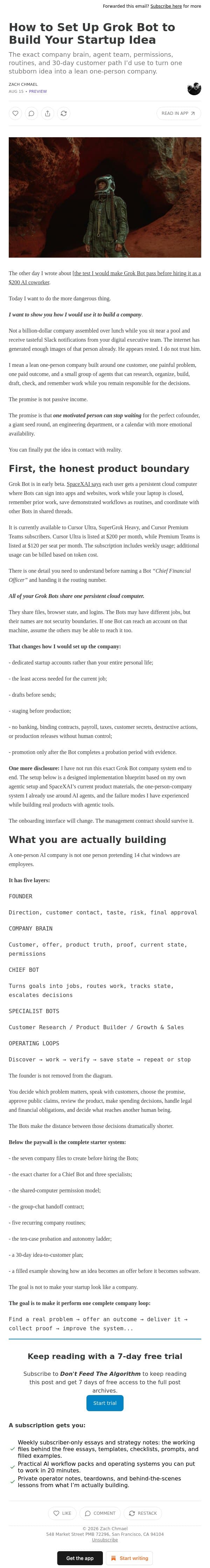 How to Set Up Grok Bot to Build Your Startup Idea email from Averi screenshot