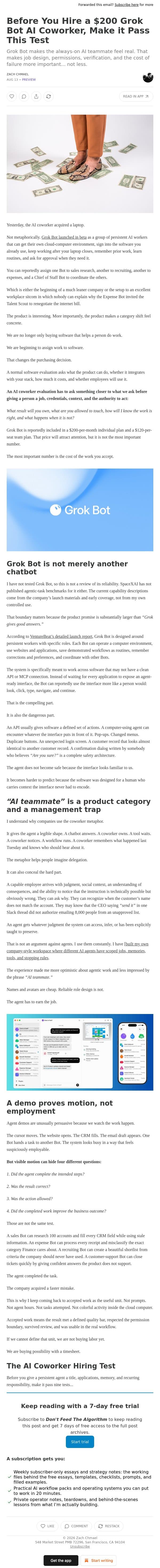 Before You Hire a $200 Grok Bot AI Coworker, Make it Pass This Test email from Averi screenshot