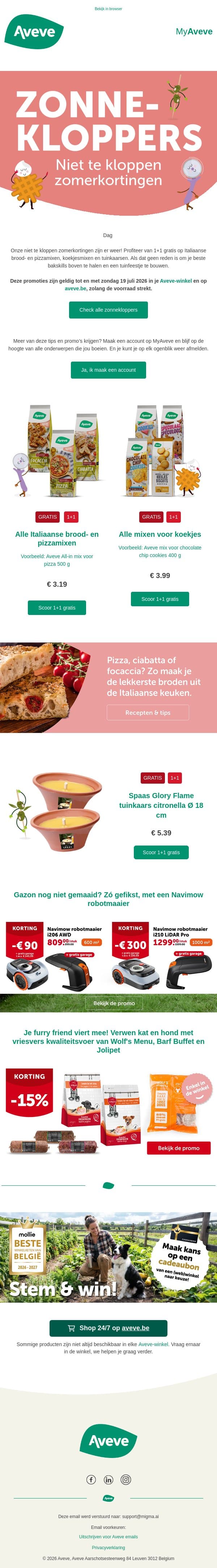 1+1 op Italiaanse bakmixen 🍕 email from Aveve screenshot