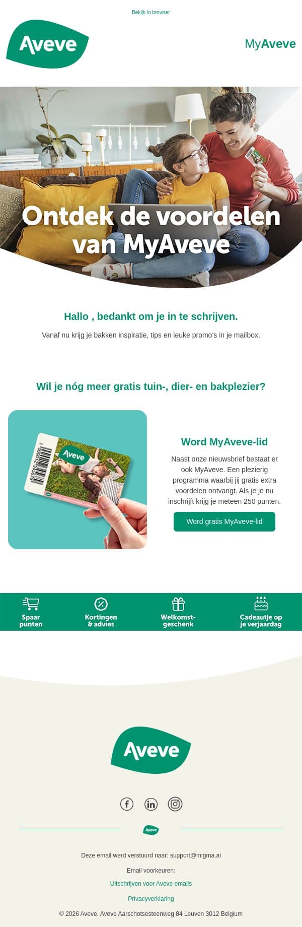 Ontvang bakken inspiratie, tips en promo’s met MyAveve email from Aveve screenshot