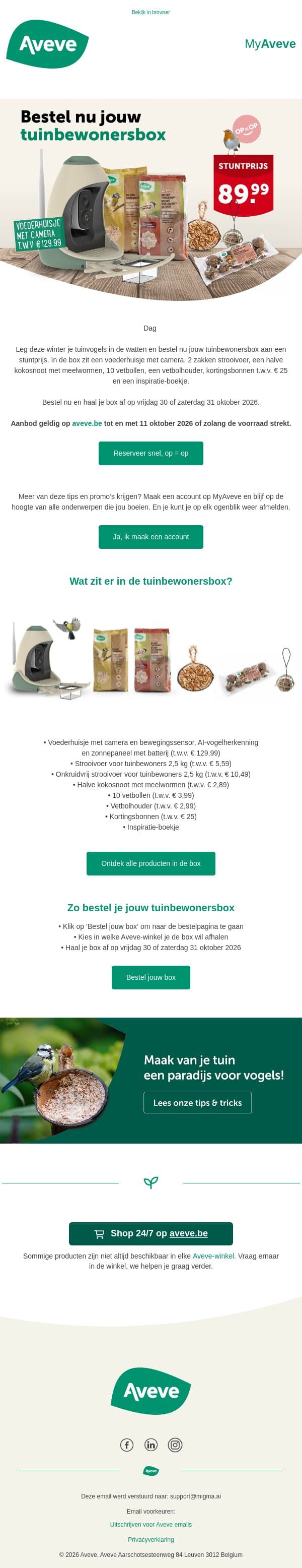 Mis 'm niet: onze nieuwste tuinbewonersbox 🐦 email from Aveve screenshot