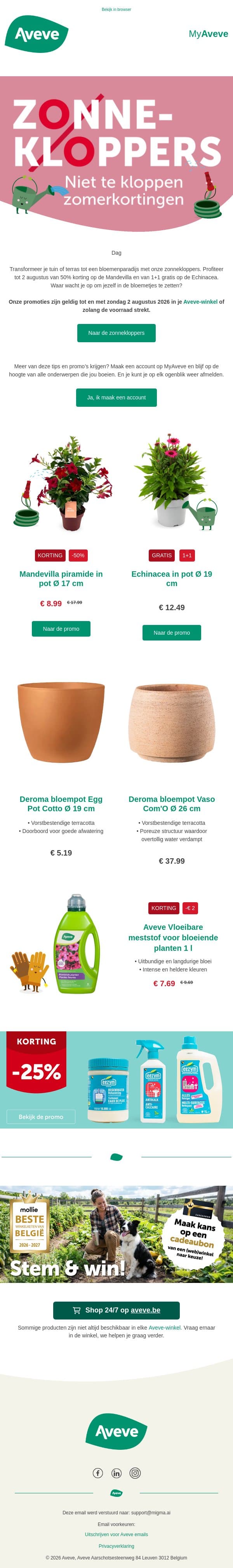 -50% op Mandevilla, 1+1 op Echinacea 🌸 email from Aveve screenshot