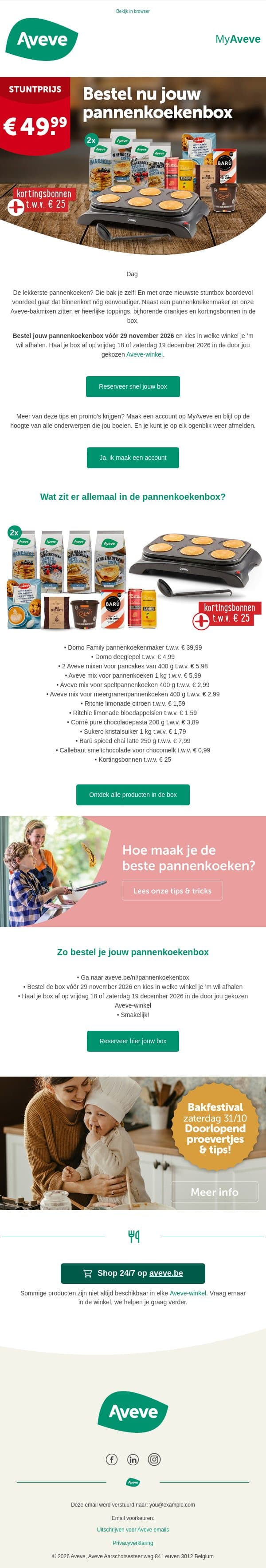 Niet te missen: pannenkoekenbox voor slechts € 49,99! 🥞 email from Aveve screenshot