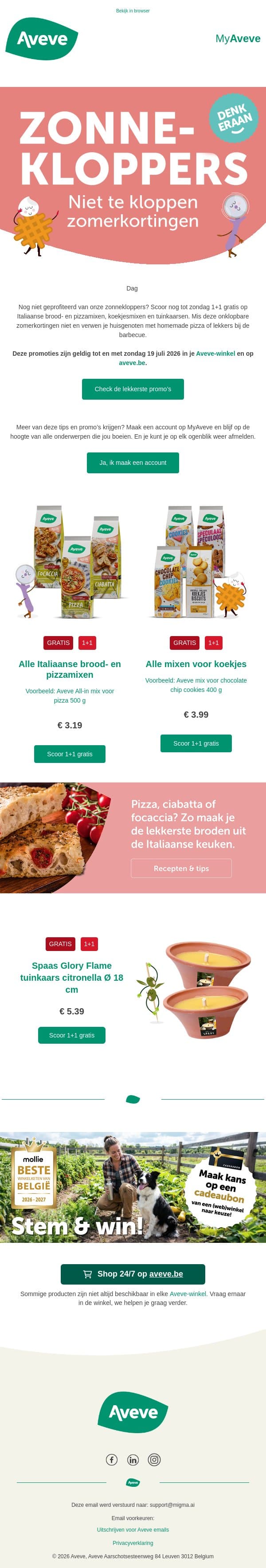 1+1 gratis op bakmixen loopt af 🍕 email from Aveve screenshot