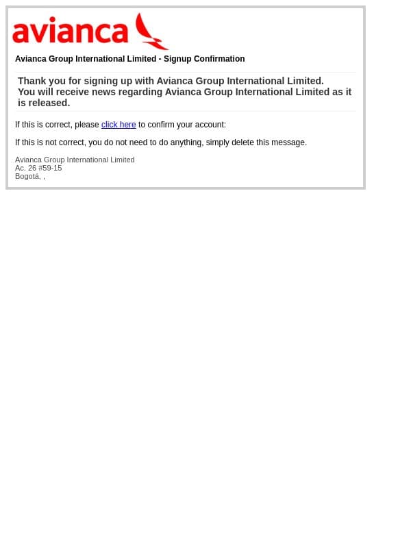 Avianca Group International Limited - Signup Confirmation email from Avianca screenshot