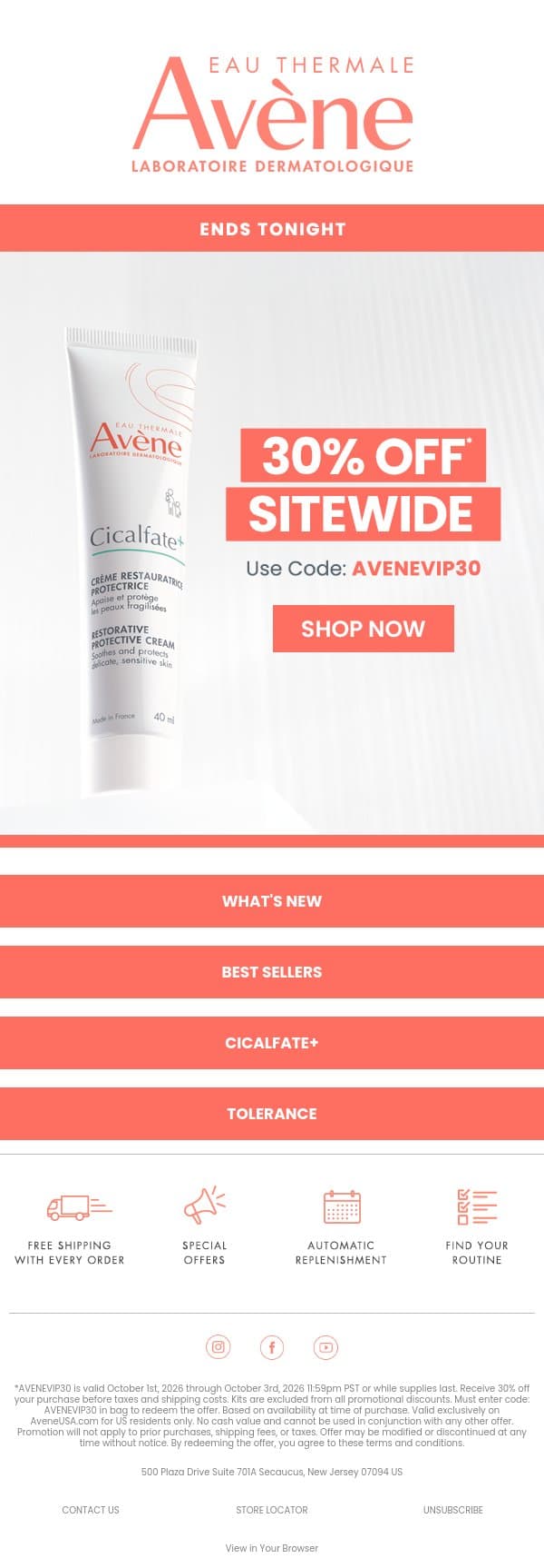 Hurry, 30% Off ends tonight 🌙 email from Avène screenshot