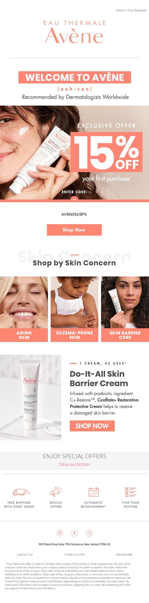 Welcome to Avène! 15% Off Inside email from Avène screenshot