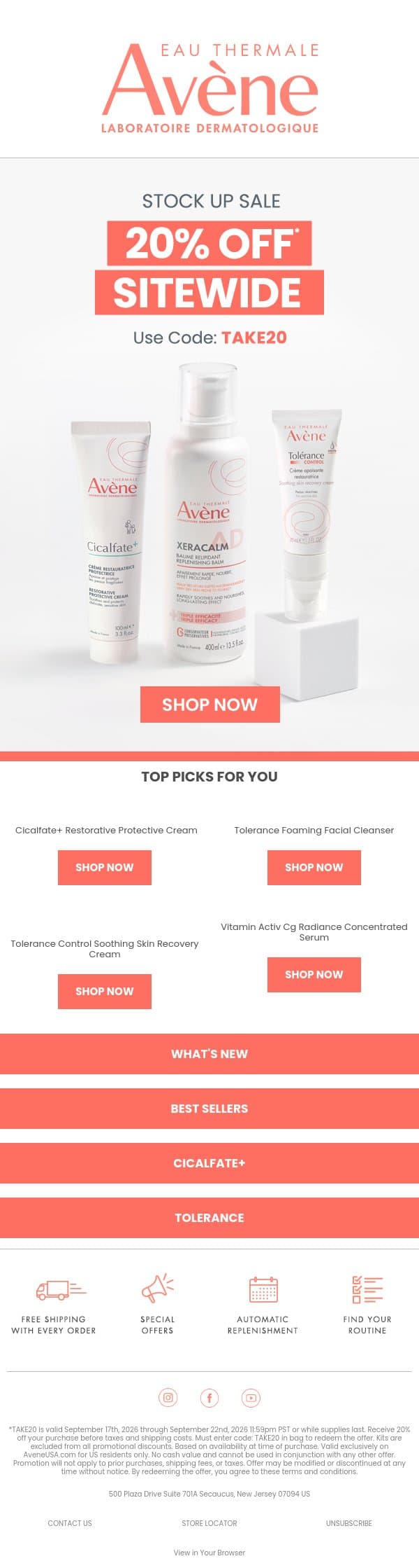 Starts today! 20% off sitewide 🤍 email from Avène screenshot