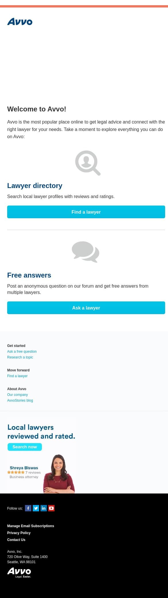 Welcome to Avvo! email from Avvo screenshot