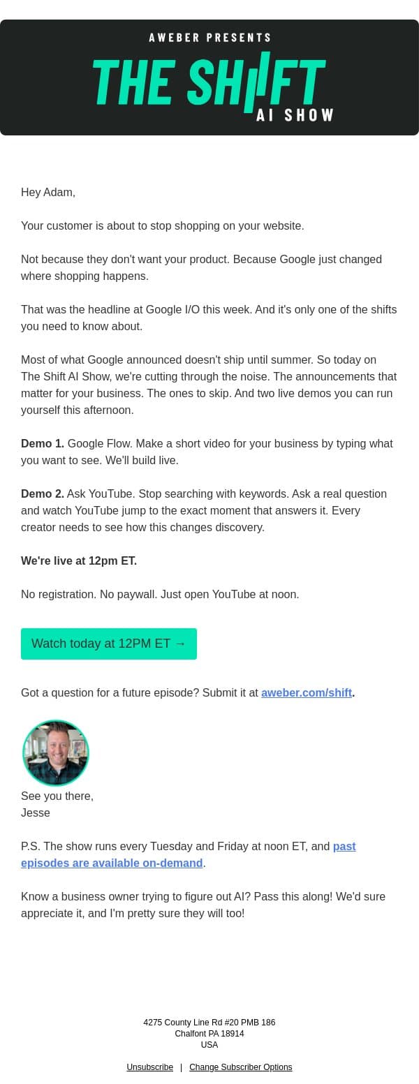 12pm ET: the Google I/O recap built for small business email from AWeber screenshot