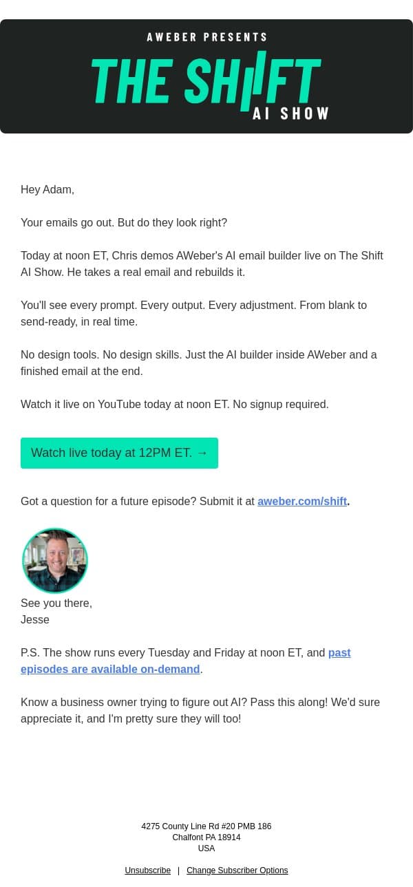 Give Your Emails a Redesign Boost with AI (Live Demo) email from AWeber screenshot
