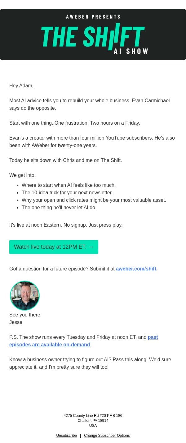 The one AI rule Evan Carmichael won't break (we're live at noon) email from AWeber screenshot