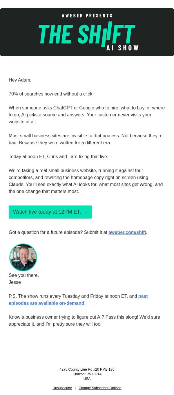 Your website is invisible to AI search (live fix at noon) email from AWeber screenshot
