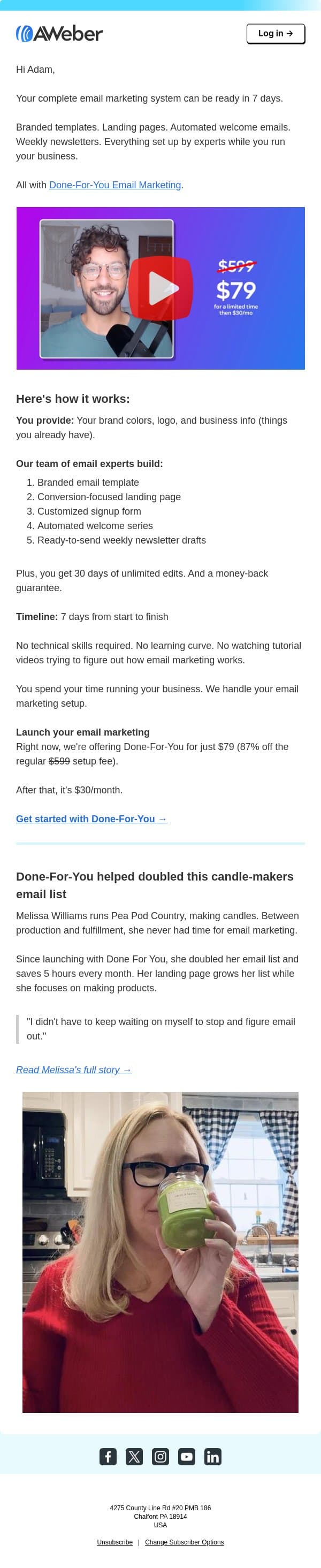 Too busy to set up email marketing yourself? email from AWeber screenshot