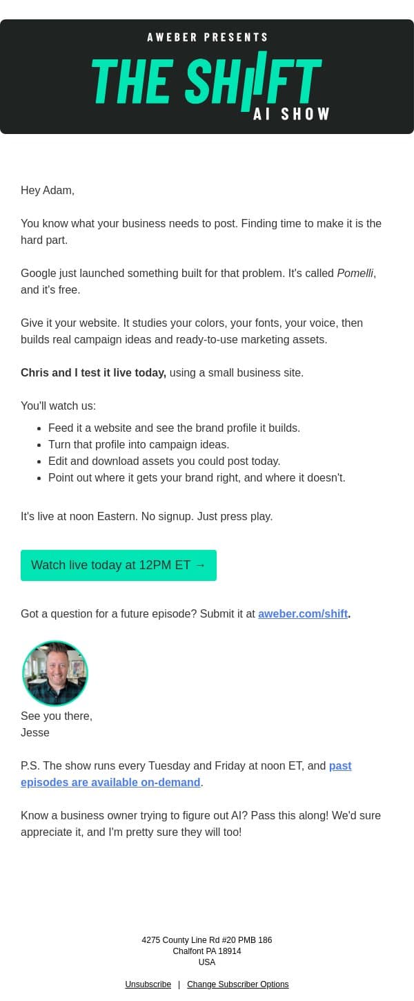 Google built a free marketing tool for you. We'll demo it live. email from AWeber screenshot