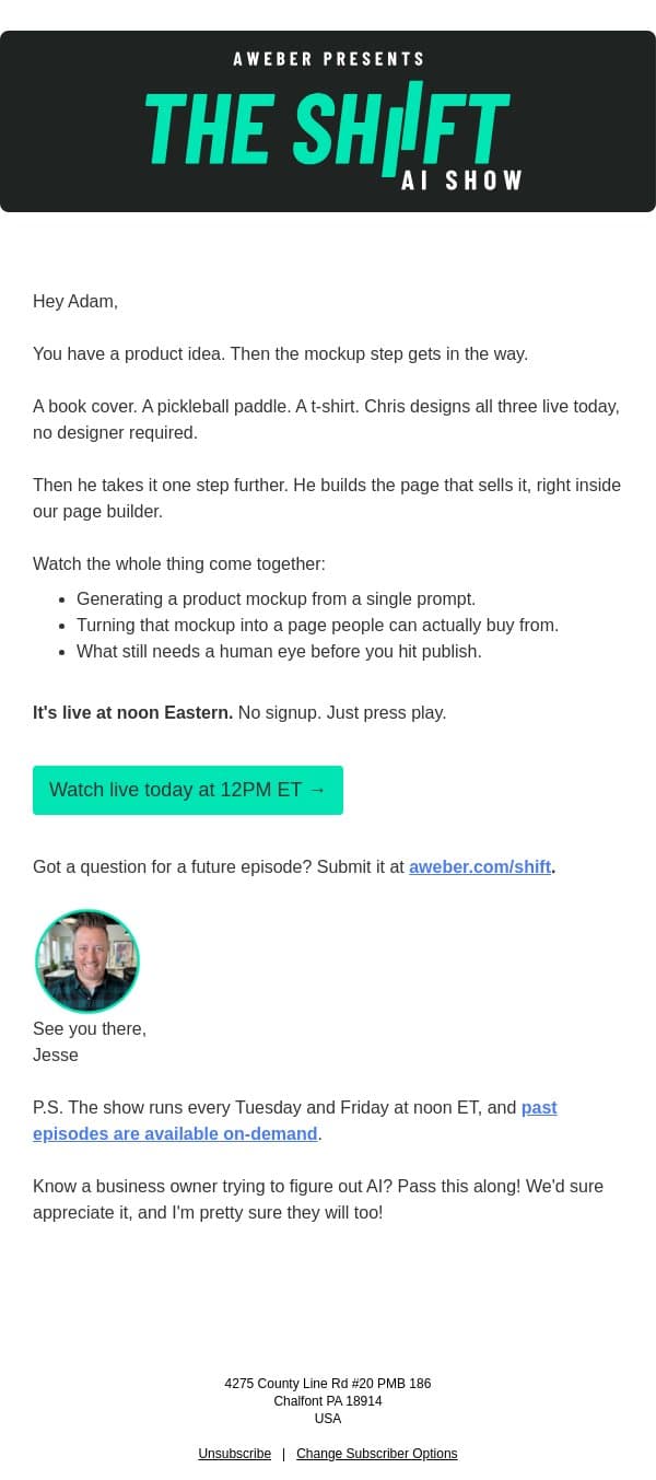 Live at Noon: Easy Product Mockups & Sales Pages with No Experience email from AWeber screenshot