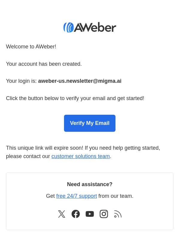 Confirm your AWeber Account email from AWeber screenshot