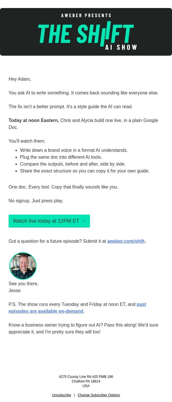Teach AI to sound like you, live at noon email from AWeber screenshot
