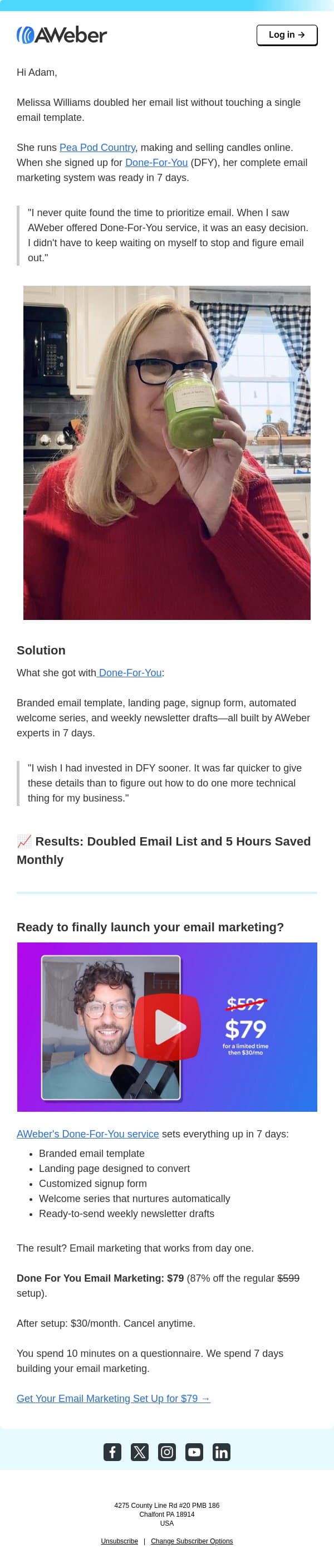 How this candle maker doubled her email list with DFY email from AWeber screenshot