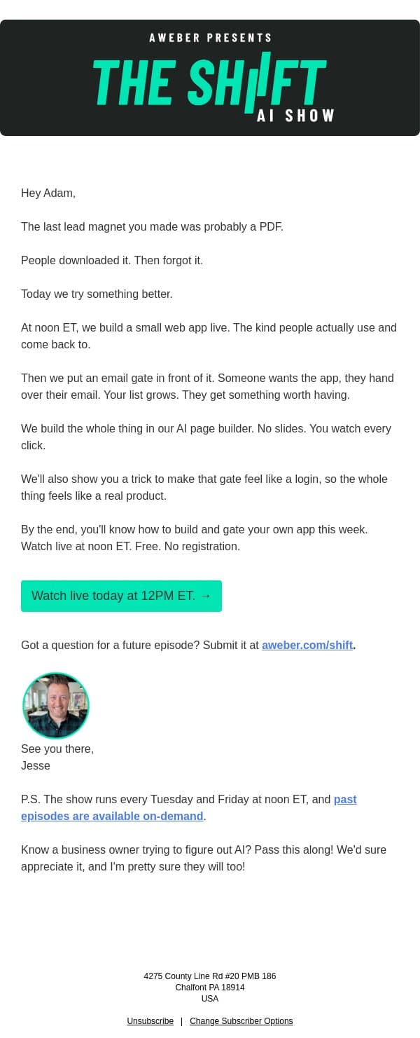 Today at noon: build a web app, grow your list email from AWeber screenshot