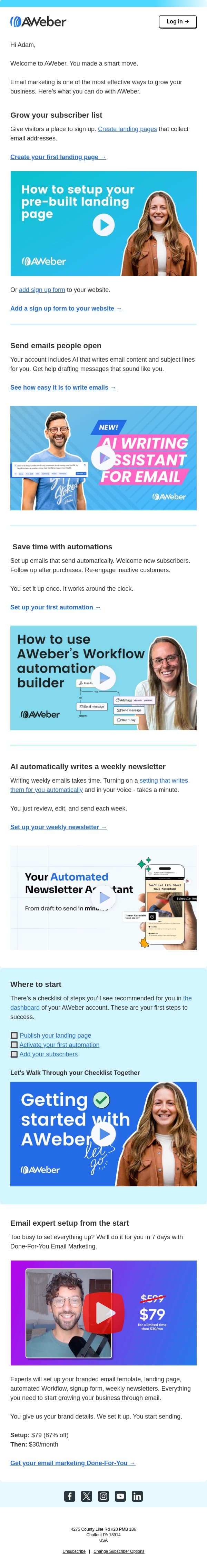 Welcome to AWeber 👋 - Let's get you started email from AWeber screenshot