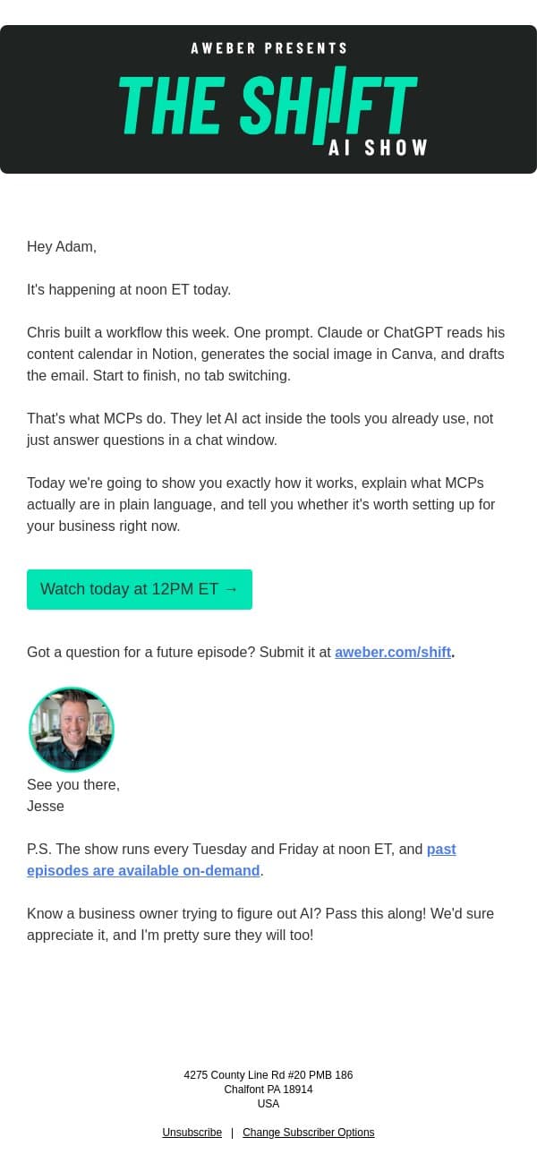 We're live at noon ET today: Notion. Canva. AWeber. Working together. email from AWeber screenshot