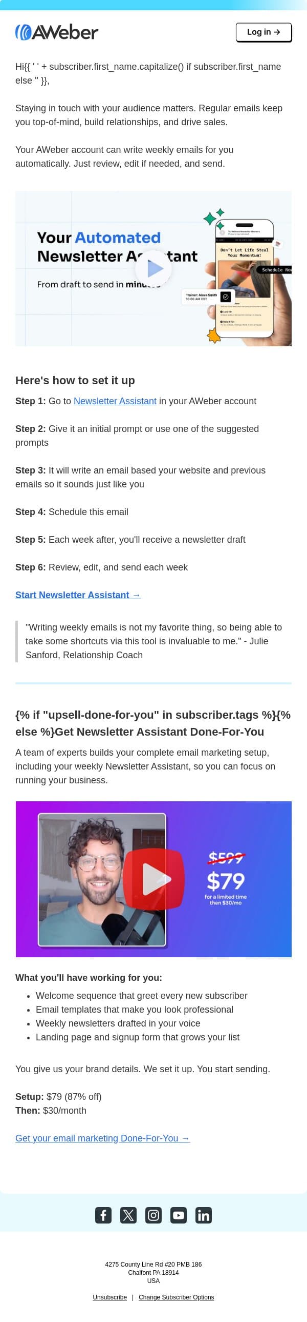 Weekly emails written for you automatically email from AWeber screenshot