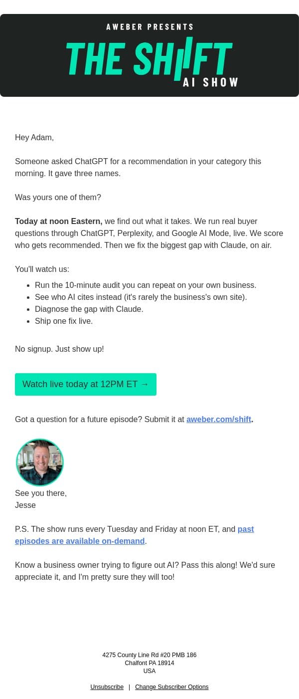 Did ChatGPT recommend you today? email from AWeber screenshot