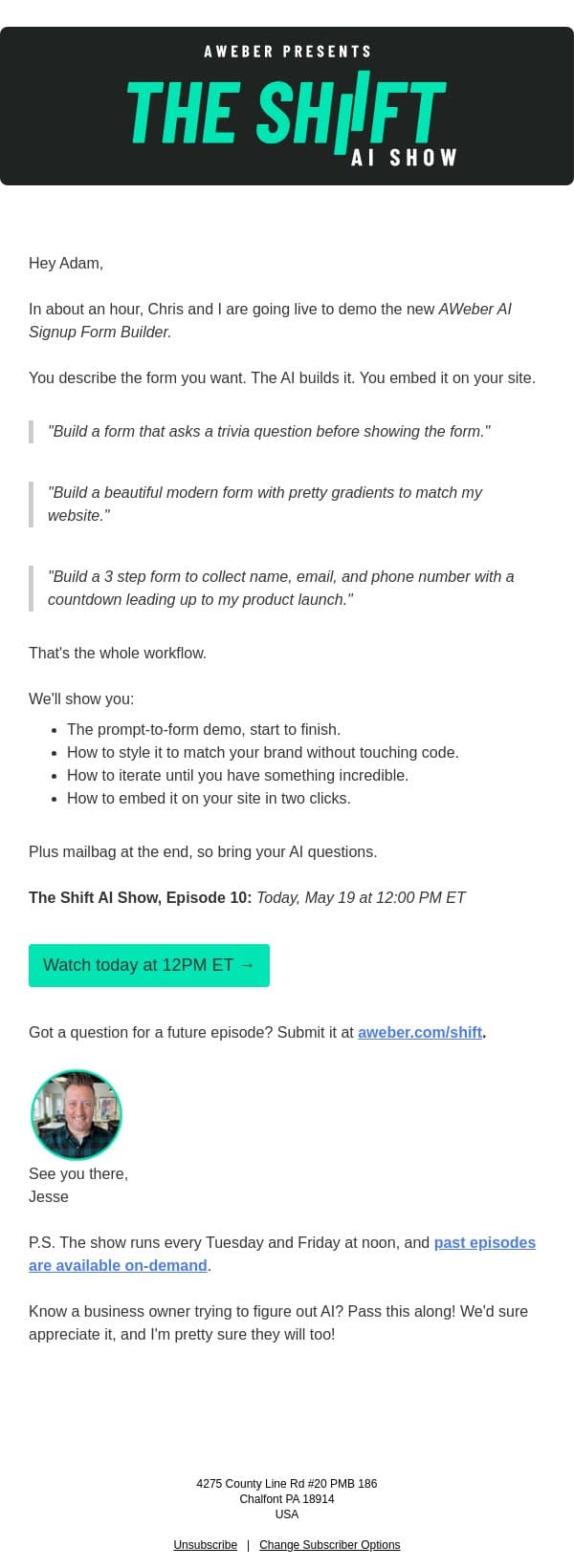 Today on The Shift AI Show: build a signup form by describing it email from AWeber screenshot