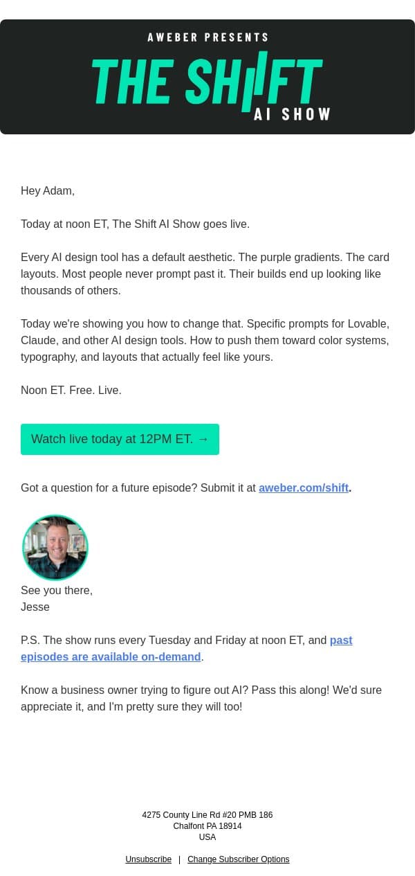 Today at noon ET. Your AI designs don't have to look like everyone else's. email from AWeber screenshot