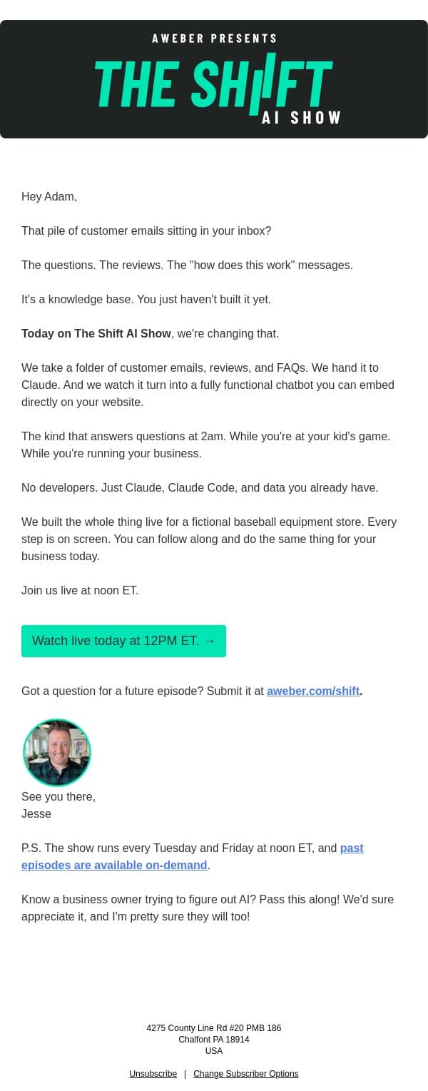 Today at noon: Turn your old customer emails into a website chatbot email from AWeber screenshot
