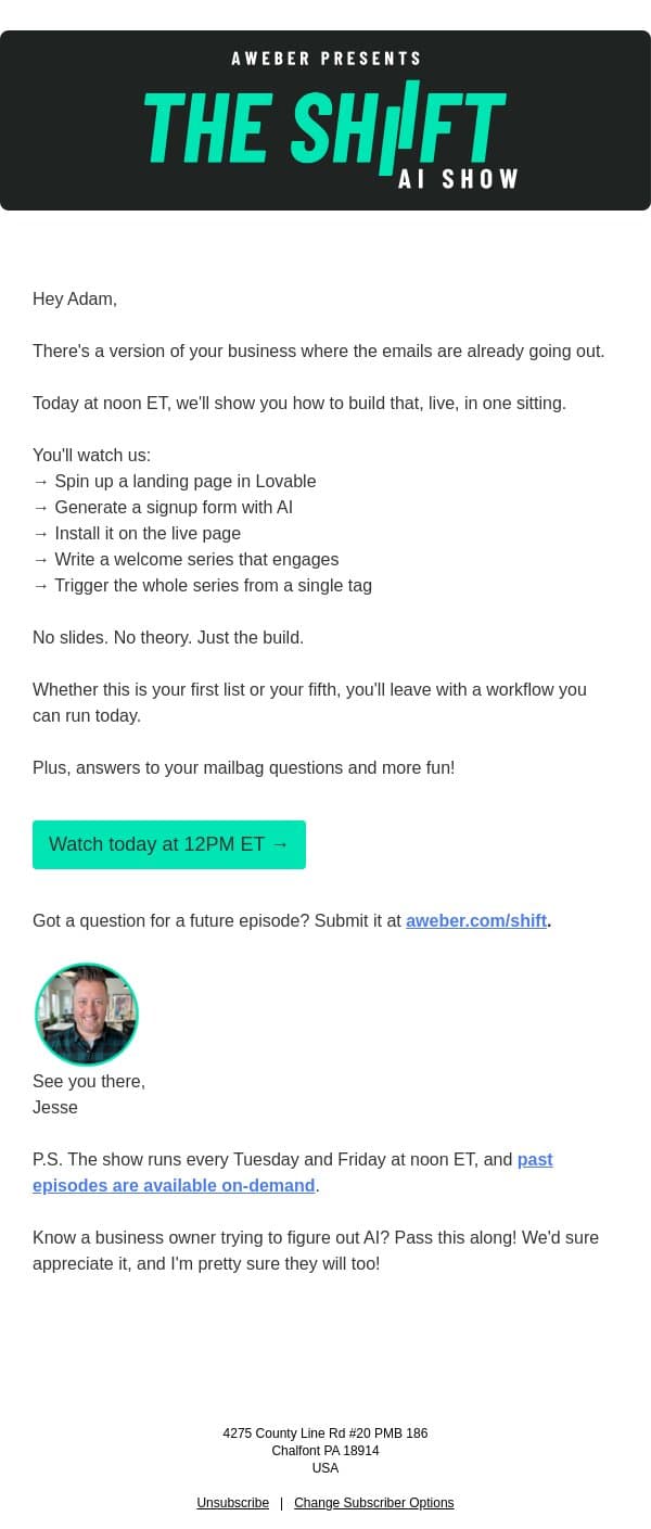 Live at noon. Build a complete email starter kit fast. email from AWeber screenshot